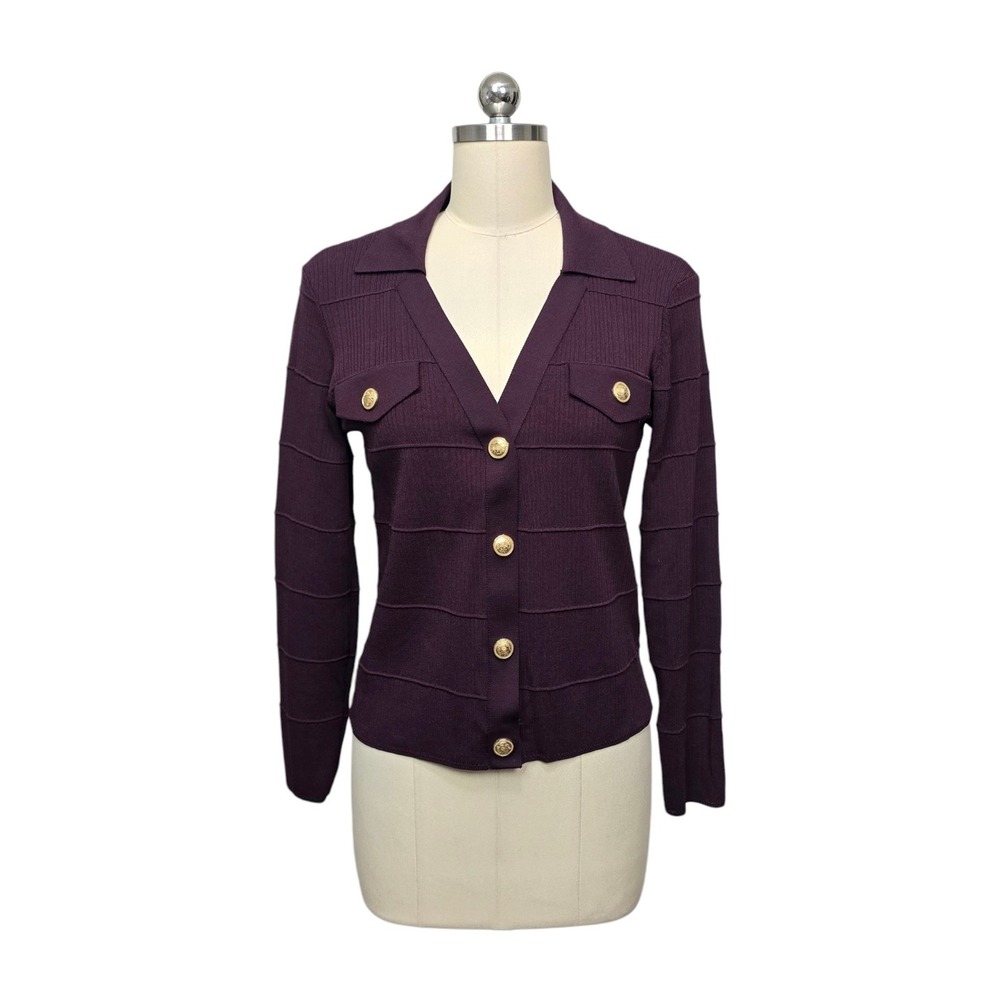 Maeve Anthropologie Purple Ribbed‎ Knit Cardigan Gold Crest Buttons Size Small